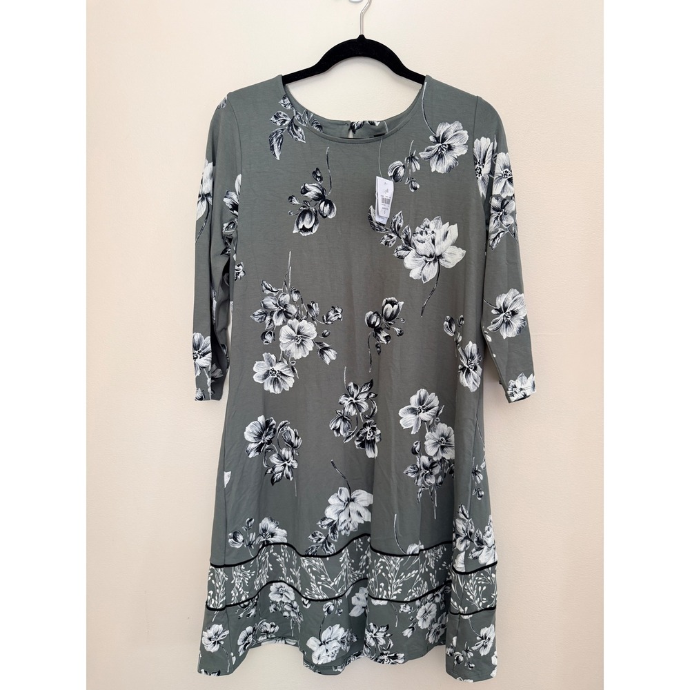 J. Jill Wearever Caraway Green Floral 3/4 Sleeve Shift Dress Small NWT